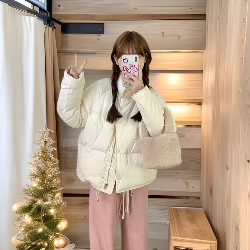 150cm Short Women's Stand-Collar down Jacket, Winter Short Cotton Coat, Lightweight Design, White Duck down Puffer Jacket