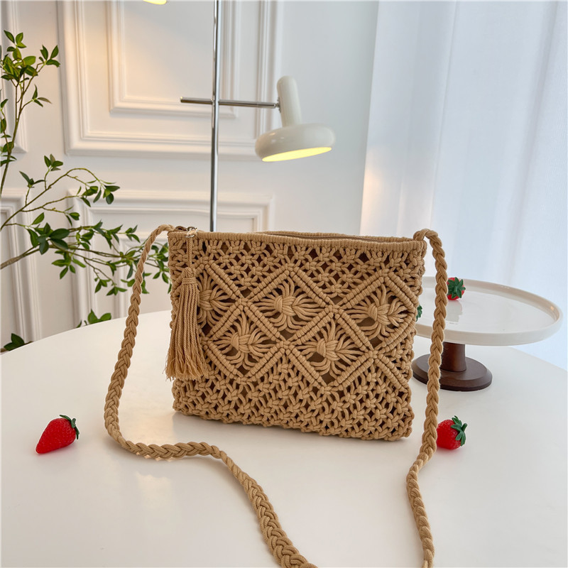 New Style Handmade Woven Cotton Rope Bag for Women, Bohemian Style Seaside Vacation Woven Shoulder Crossbody Bag