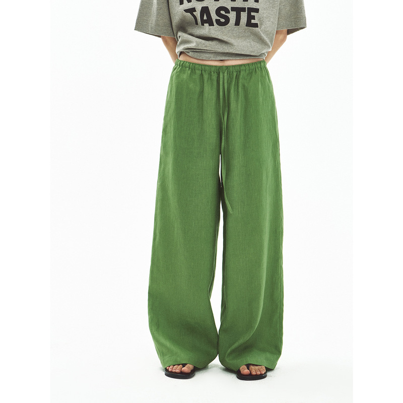 [Hello Black Label] New Product 100% Pure Linen Relaxed Straight-Leg Elastic Waist Drawstring Loose Casual Pants V60548