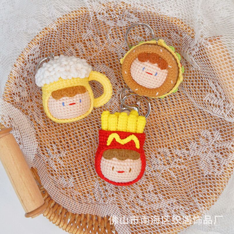 Hand-Knitted Yarn Doll Finished Product, Hamburger Dumpling, Cute Cartoon Realistic Food Pendant, Bag Charm