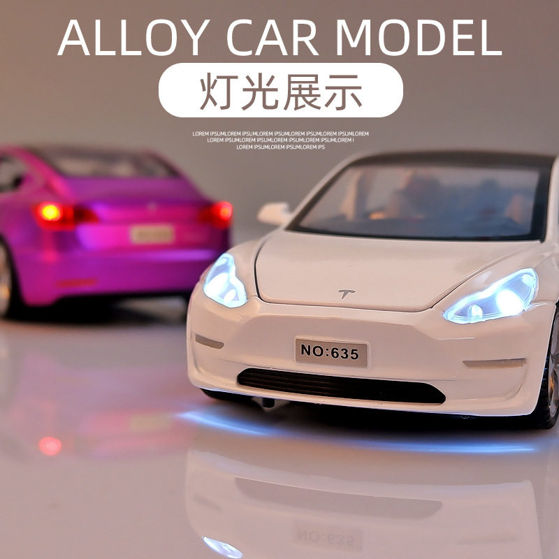 1:32 Tesla Model3 Car Model Artificial Alloy Sound and Light Boy Toy Car Interior Ornaments Eating Chicken Same Style