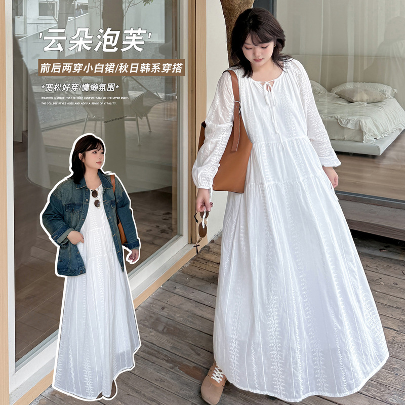 Autumn New Korean Style Elegant Design Plus-Size White Dress Loose Korean Style White Dress Two-Way Long-Sleeve Dress Trendy Autumn New Korean Style Elegant Design Plus-Size White Dress Loose Korean Style White Dress Two-Way Long-Sleeve Dress Trendy