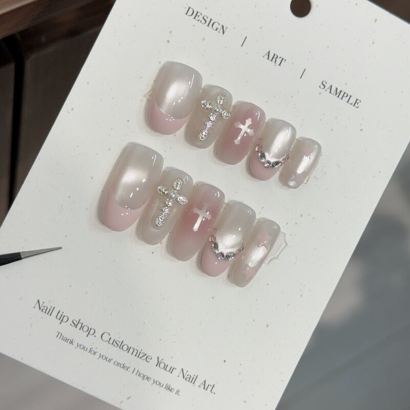 New Arrival: Sweet and Cool Sparkling Glass Beads French Cat-Eye Nail Stickers, Spicy Girl Cross Design, Niche Handmade Wearable Nails