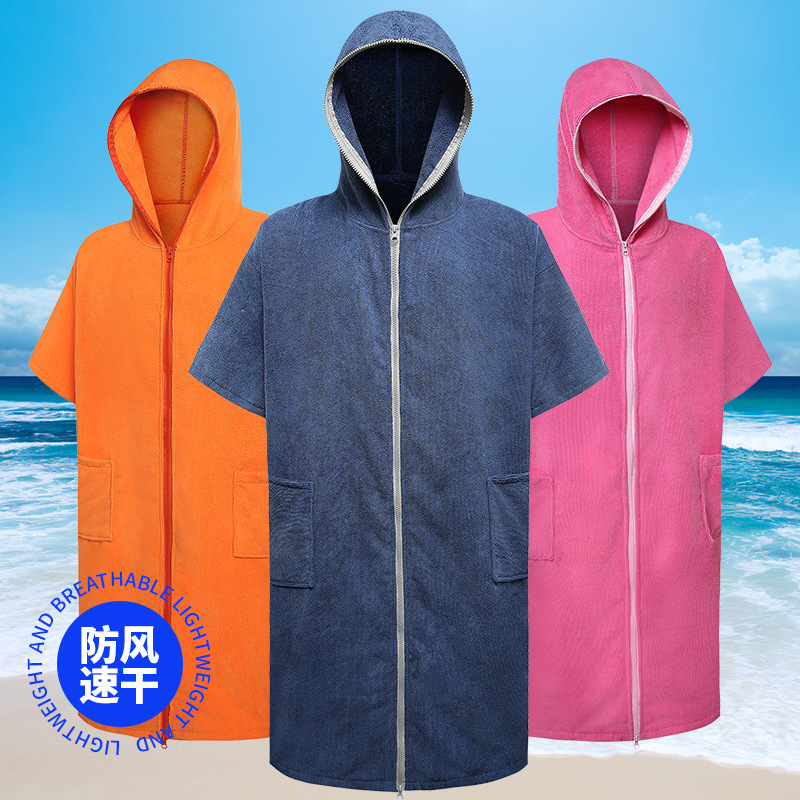 Microfiber Towel Cloth Thick Zipper Bathrobe Adult Absorbent Bathrobe Hooded Cape Swimming Diving Poncho