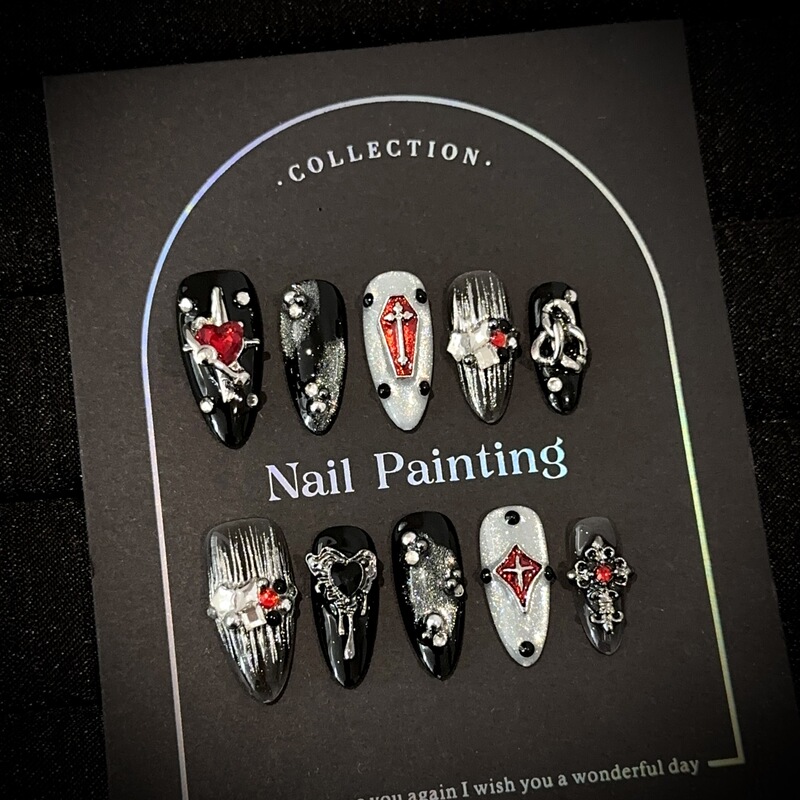 Purely Handmade Wearable Nails, European and American Dark Sweet-Cool Punk Style Gothic Nail Art, Silver Cat Eye Halloween Fake Nail Stickers