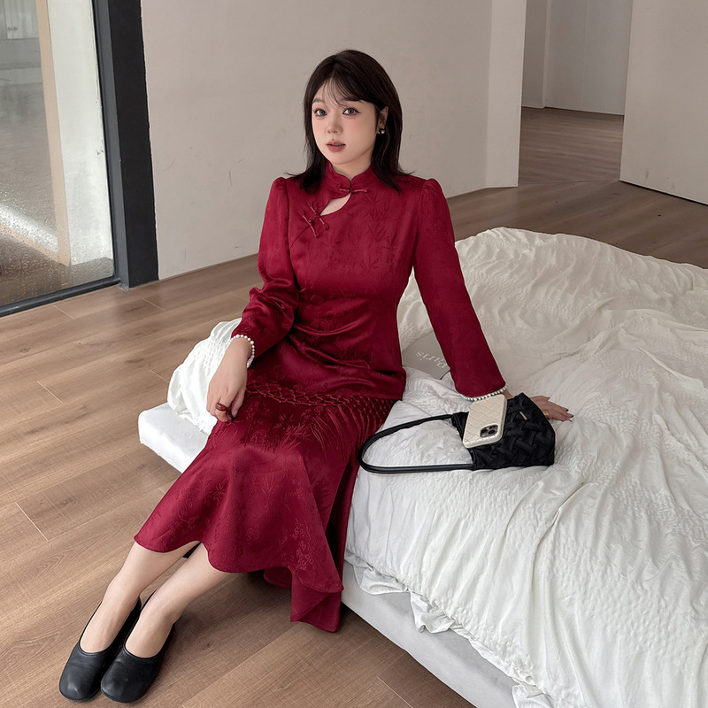 25 Autumn Plus Size Postpartum Mom Full Moon Celebration Nursing Dress Large Size Nursing Chinese Style Modified Fishtail Cheongsam