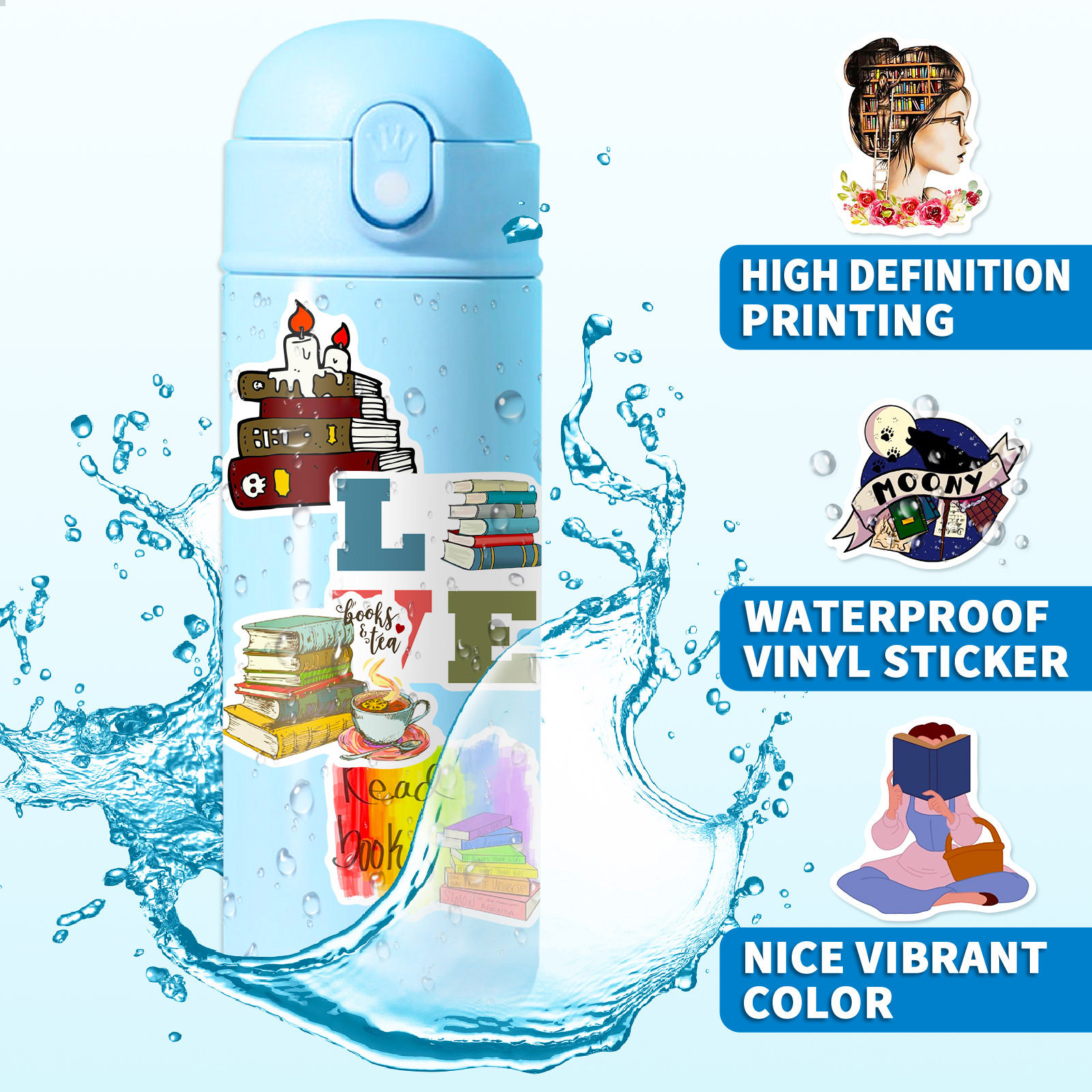 50 book stickers, book reading graffiti stickers, computer mobile phone tablet bookmarks, notebook stickers