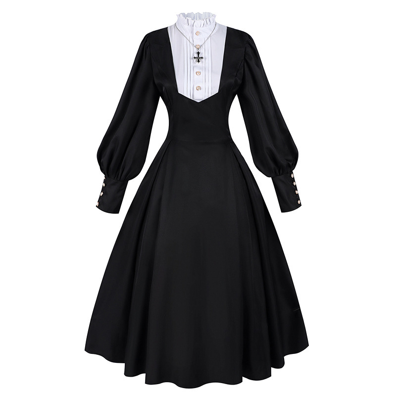 Halloween Black Nun Dress with Waist, Cute Lolita Lace Pleated Long Skirt, Lolita Nun Uniform Halloween Black Nun Dress with Waist, Cute Lolita Lace Pleated Long Skirt, Lolita Nun Uniform