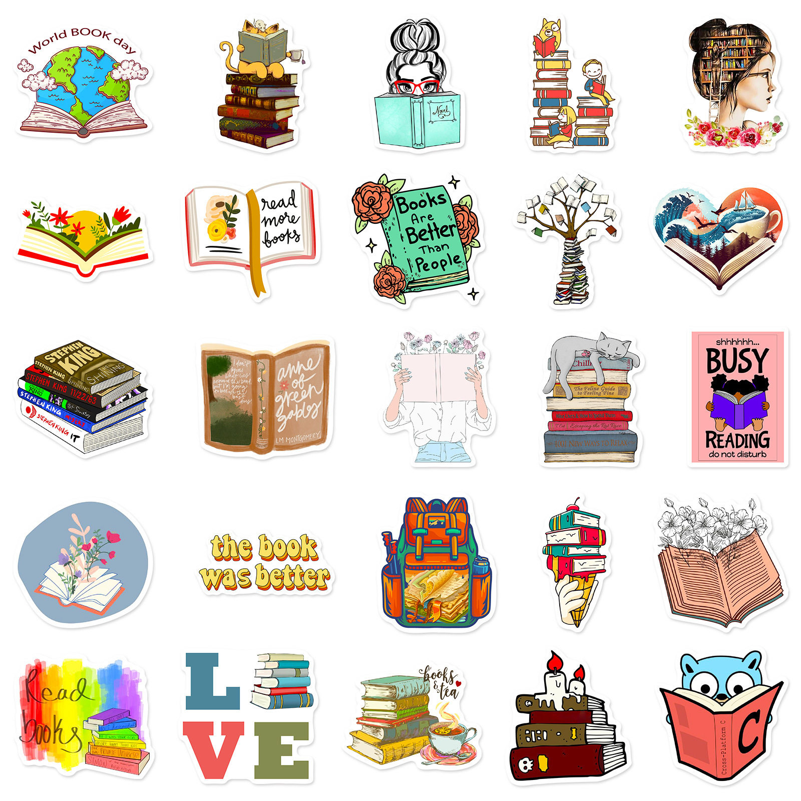 50 book stickers, book reading graffiti stickers, computer mobile phone tablet bookmarks, notebook stickers