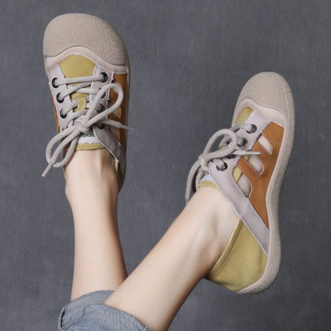 Genuine leather flat casual shoes, hollow hole shoes, summer new forest style artistic sandals, versatile cowhide low-top sneakers