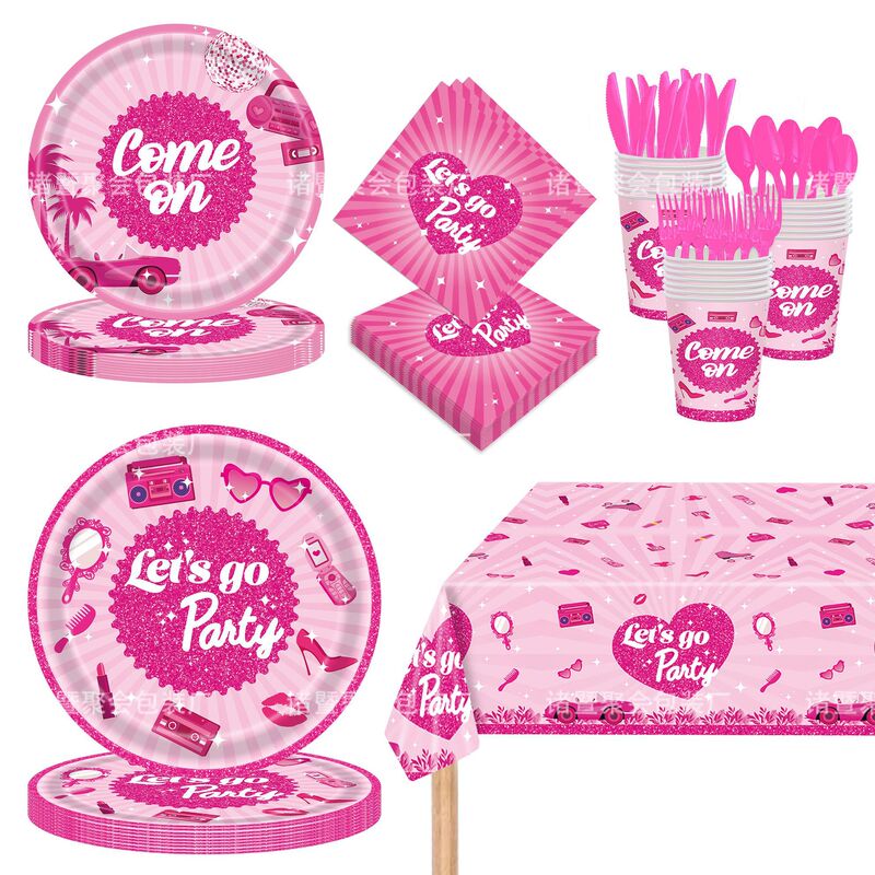 Girl's Rose Pink Barbie Doll Birthday Party Supplies Tableware Paper Plates Paper Cups Napkins Disposable Tablecloth Set