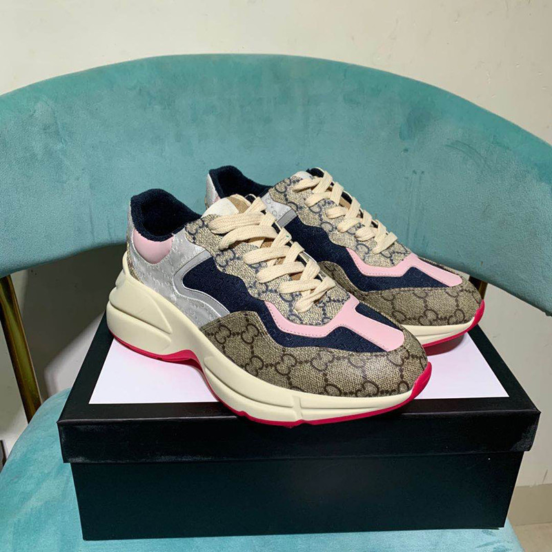 Cool Qi Double-G Genuine Leather Air-Cushion Dad Shoes, Platform Thick-Soled Casual Color-Block Printed New Comfortable Sports Women's Shoes, Trendy