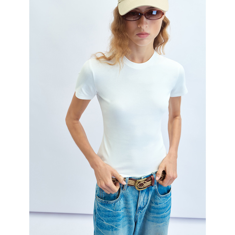 【Hello Black Label】New Product, Tailored Basic Style, High Elasticity, Round Neck, Short-Sleeved, Solid Color, Tight-Fitting T-Shirt V60032