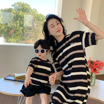 Childrens short-sleeved striped T-shirt tops parent-child wear y5 Korean letter print tops dress mother-child and mother-daughter wear