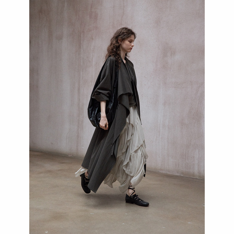 Hello September Sand-Washed Tencel Asymmetrical Flutter Collar Dress Silhouette Trench Coat Jacket M9221
