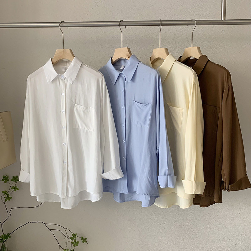 Spring 2023 new women's collection: Large pocket button-down solid color long-sleeved mid-length shirt top