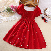 Robe de la fille Été 2024 nouvelle version coréenne Ocean Qi Children Skirt Short Sleeve Princess Dress Exploits Child Dress