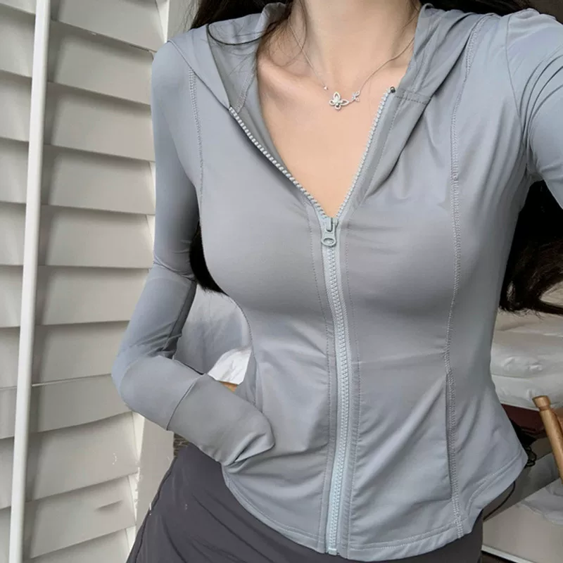 Спортивная куртка с капюшоном, одежда для защиты от солнца изо Silk, легкая и тонкая дышащая длинная рукава, одежда для йоги