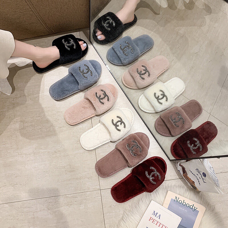 Amazon Furry Slippers for Women, New Autumn and Winter Style, Home Use, Shiny Rhinestone, Flat-Soled, Warm, Slip-On, Trendy Cotton Slippers