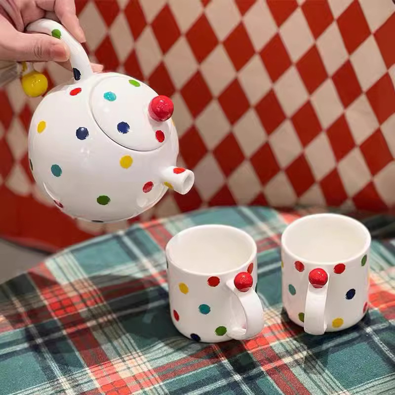 D Colorful Polka Dot Teapot and Two Cups for Home Use in the Living Room, Ceramic Niche Creative Water Kettle, Exquisite Tea Set D Colorful Polka Dot Teapot and Two Cups for Home Use in the Living Room, Ceramic Niche Creative Water Kettle, Exquisite Tea Set