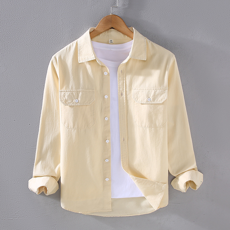 Trendy American-Style Heavy Cotton Casual Shirt for Men, Spring and Autumn Twill Texture Long-Sleeve Shirt with Workwear Pocket Trendy American-Style Heavy Cotton Casual Shirt for Men, Spring and Autumn Twill Texture Long-Sleeve Shirt with Workwear Pocket