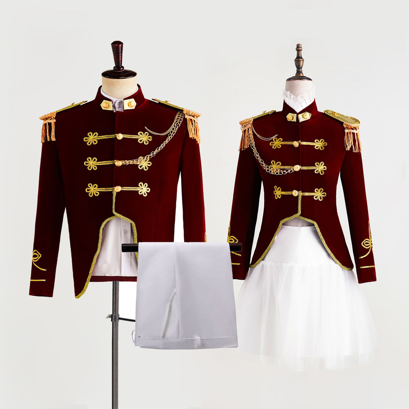 European Court-Style Navy Dress Suit for Men and Women, Stage Performance Clothing, Military Band Uniform, Blue, Red, Black