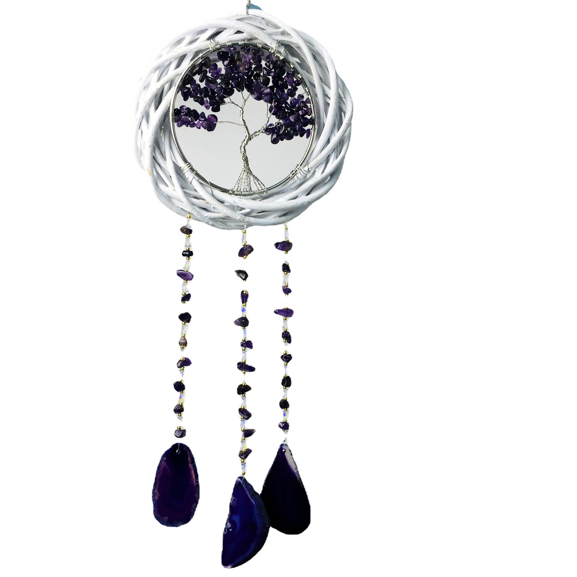 Wall hanging wicker wreath cross-border natural amethyst hand-wound tree of life agate piece wind chime factory wholesale