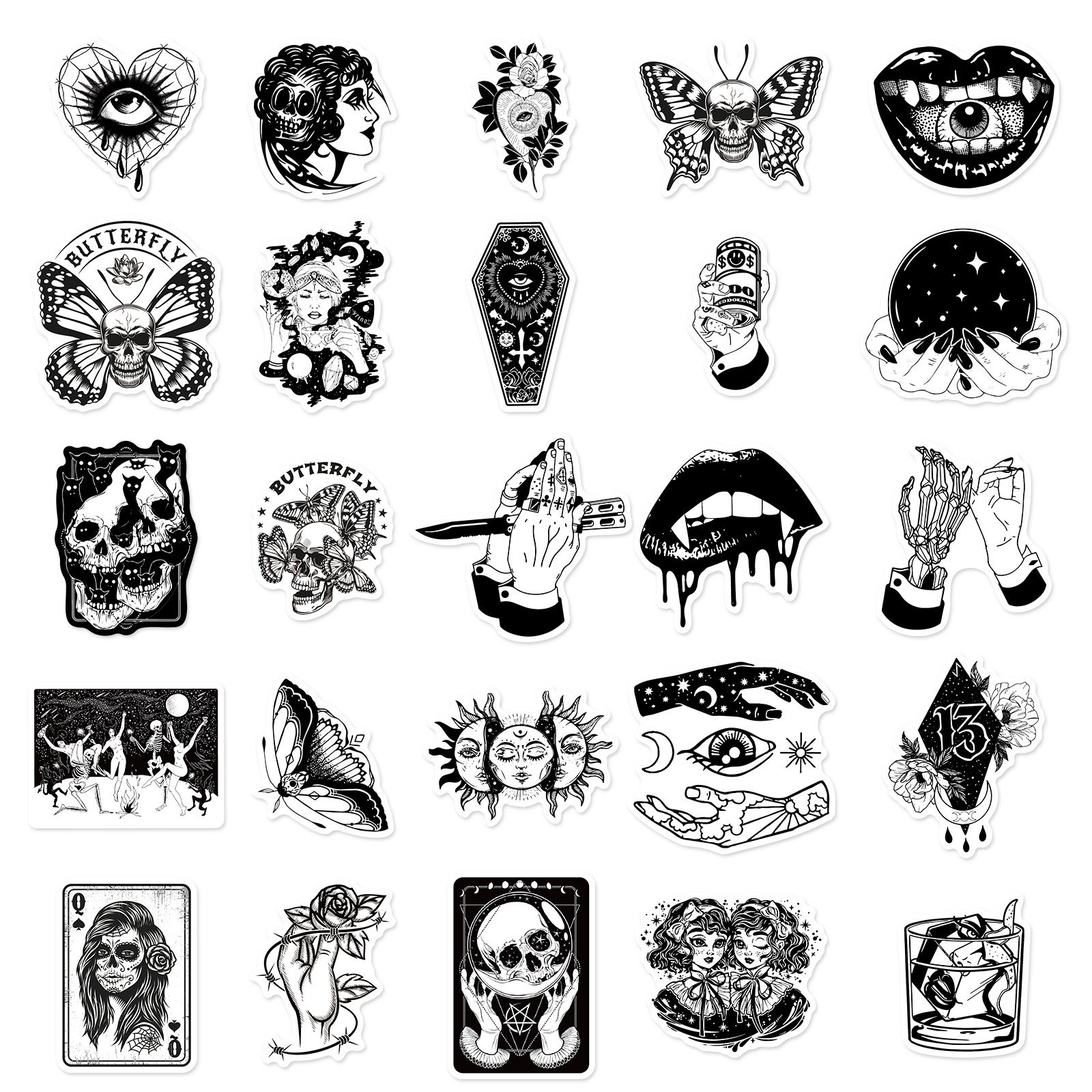 50 Gothic Horror Series Stickers Black and White Gothic Style Witch Magic Stickers Luggage Phone Waterproof Stickers