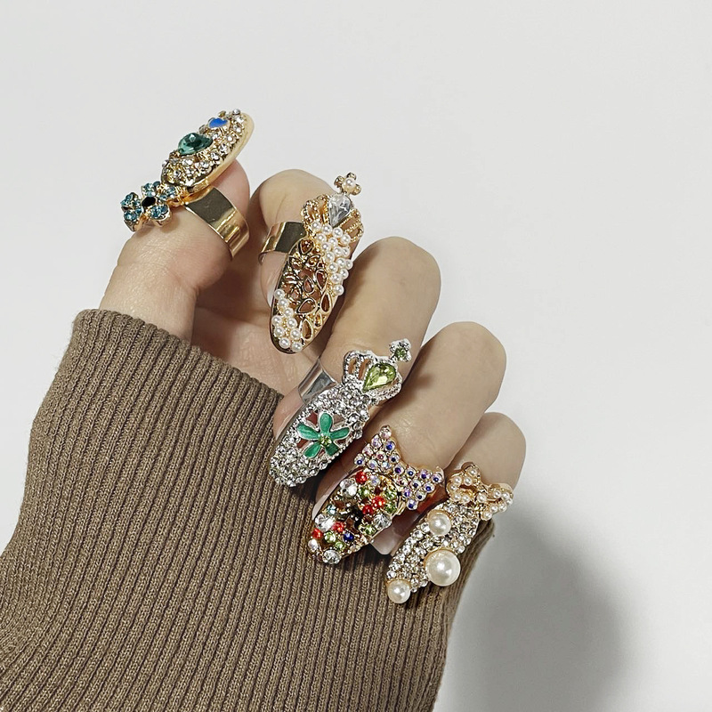 Retro Hollow Nail Cover Ring Women's Live Nail Cover Beautiful Armor Adjustable Ring Pearl Diamond Accessories