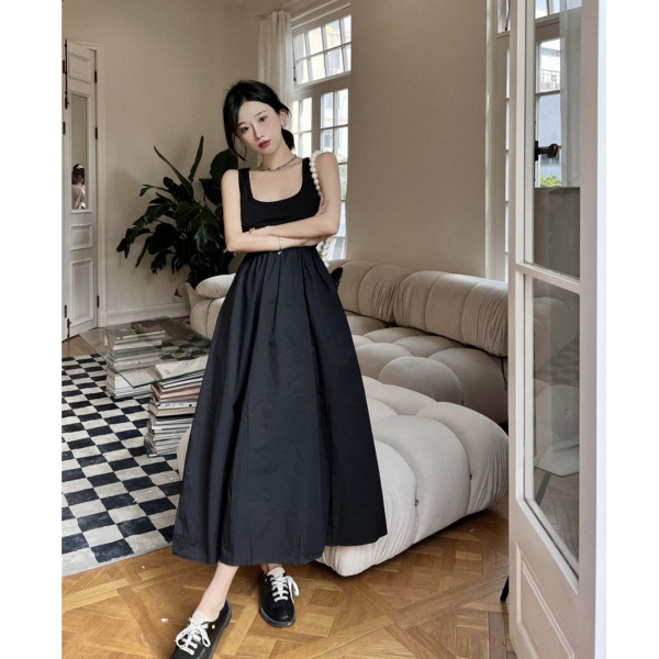 Hong Kong Style Versatile Dress with Knitted Patchwork, Elegant Solid Color Slim Fit Sleeveless Tank Dress Hong Kong Style Versatile Dress with Knitted Patchwork, Elegant Solid Color Slim Fit Sleeveless Tank Dress