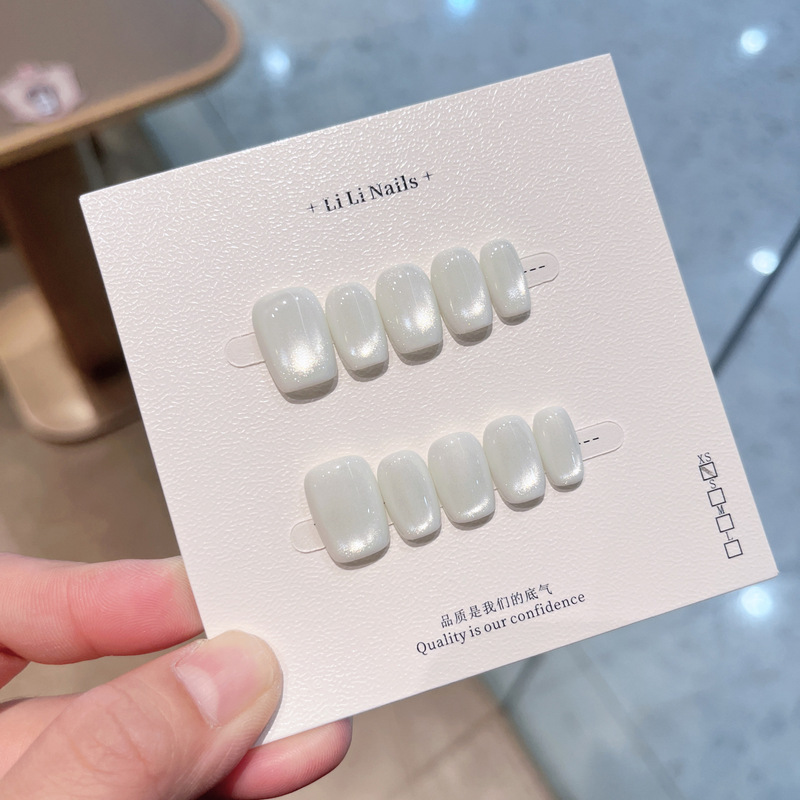 White Solid Color with Cat's Eye Glass Beads, Minimalist Style, Simple Handmade Wearable Short Nail Art