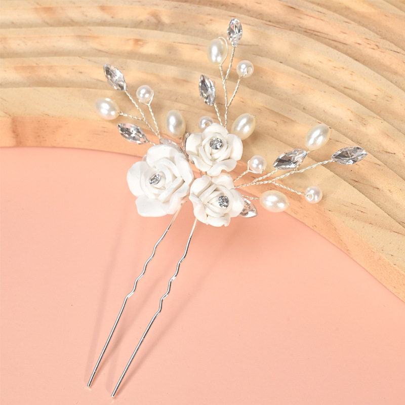 Er Xun Bridal Wedding Hair Accessories Handmade White Soft Clay Flower U-Shaped Hairpin Hair Stick Hair Ornament Cross-Border Exclusive Supply