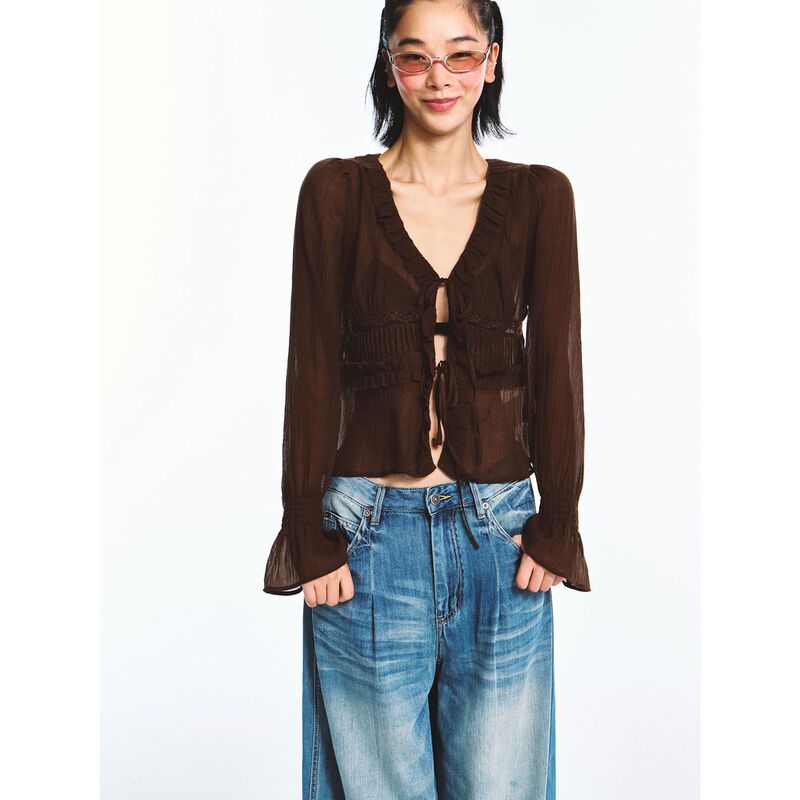 Helloseptember New Summer Product Transparent Tencel Tie V-Neck Ruffle Lace Sun Protection Cover-Up V61121