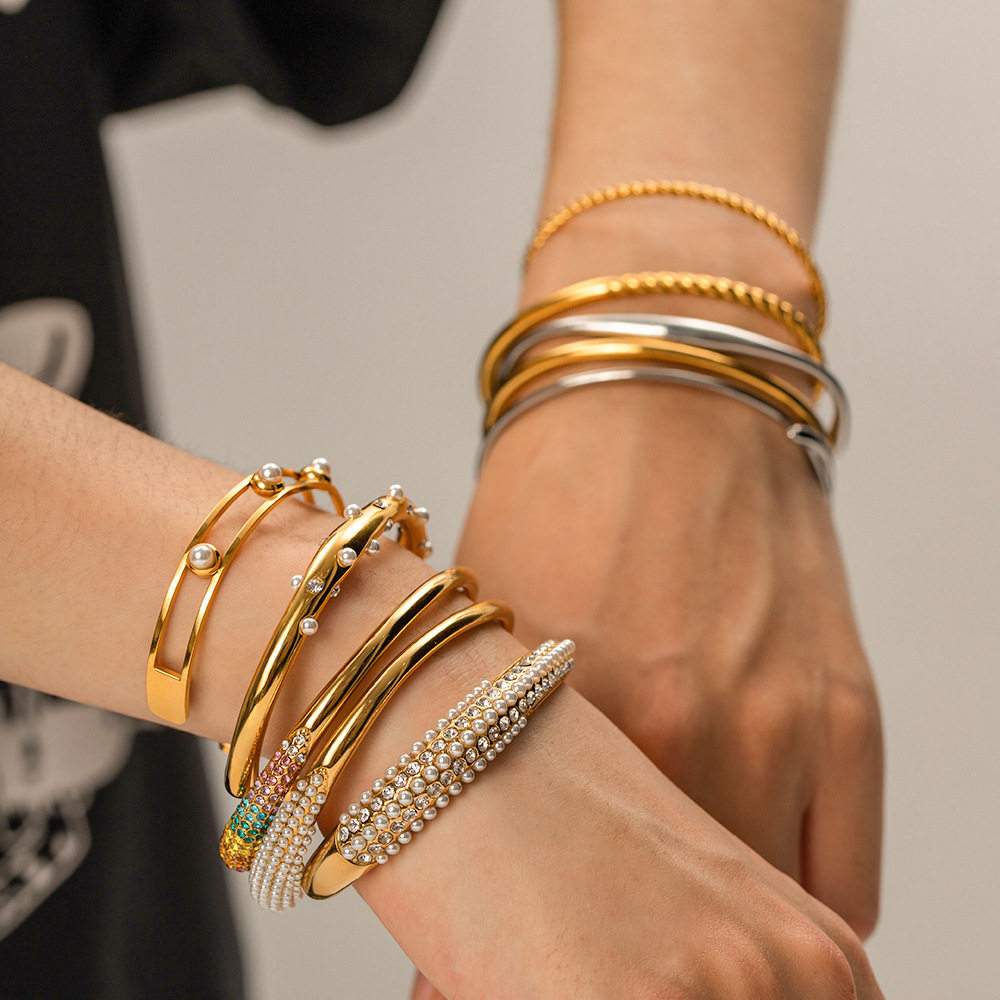 INS fashionable new versatile titanium steel bracelet 18K gold-plated multi-layer full diamond pearl bracelet trendy women's hand jewelry