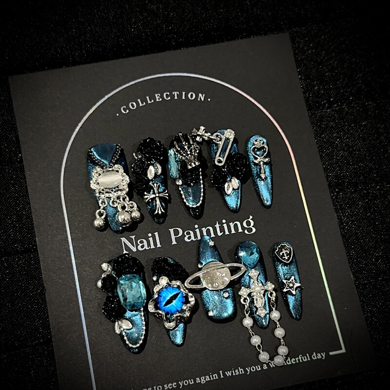 Purely Handmade Dark Ethnic Style Blue Cat-Eye Long Nails with Camellia Design, European and American Heavy-Duty Fake Nail Tips