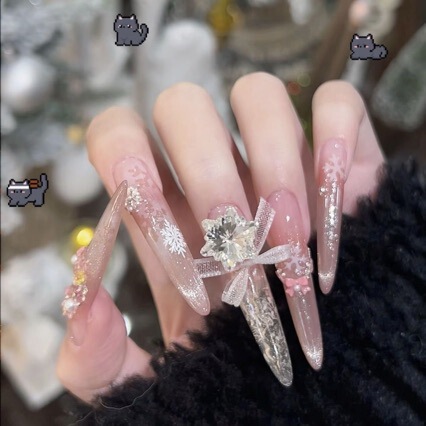 Purely Handmade Christmas-Grade Snowflake Light Luxury Press-On Nails with Bowknot, Atmospheric Crushed Ice Long Style, Translucent