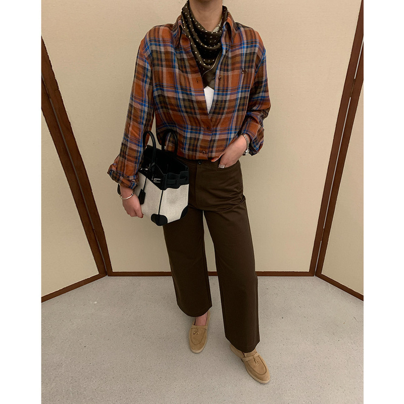 Evertrue 100% Linen Plaid Shirt for Women, New Autumn and Winter Long-Sleeved Loose Old Money Style Shirt