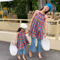 Dopamine bombing street parent-child outfit set 2024 summer colorful plaid suspender skirt bell bottoms two-piece mother-daughter outfit