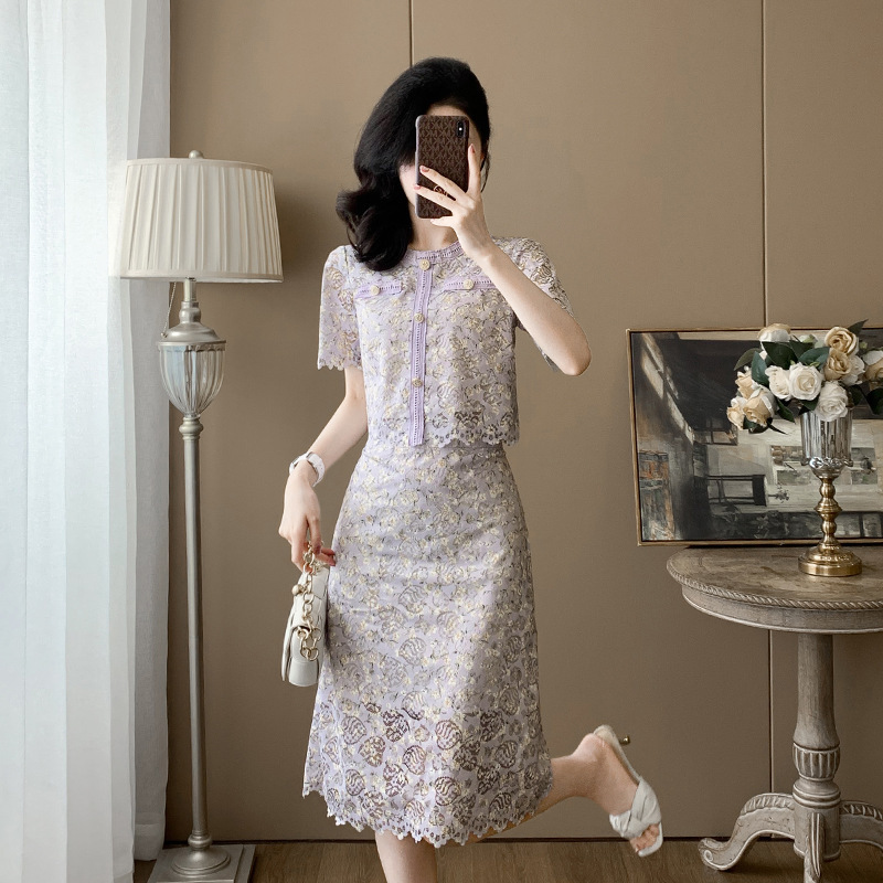 New Chinese-Style Chanel-Inspired Women's Skirt Set 2026 Summer Youthful Feminine Lace Half-Skirt Stylish Two-Piece Set