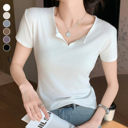 2024 new summer Korean style half-open collar slim-fitting short-sleeved T-shirt for small women casual versatile short top