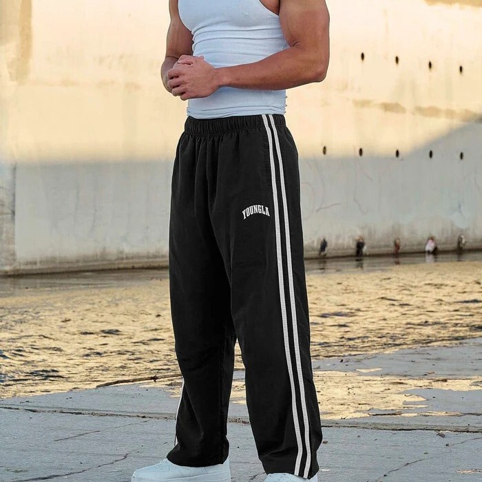 Youngla Sports Pants with Double Stripe Stitching and Printed Casual Pants for Gym Exercise and Fitness, Mid-Waist Straight-Leg Pants