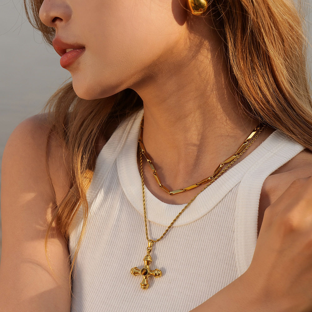 Jieding Amazon 18K gold stainless steel cross necklace tiger eye pendant titanium steel non-fading jewelry wholesale for women