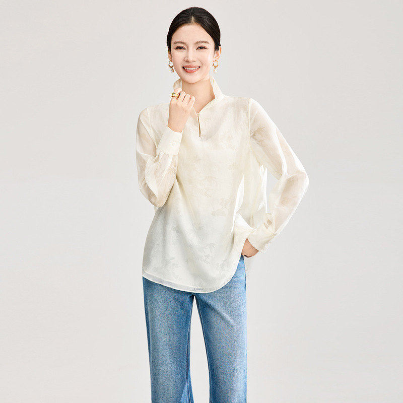 2026 Spring New Chinese Style National Style Elegant Silk Jacquard Stand Collar Double Layer Silk Texture Pattern Shirt Top 2026 Spring New Chinese Style National Style Elegant Silk Jacquard Stand Collar Double Layer Silk Texture Pattern Shirt Top