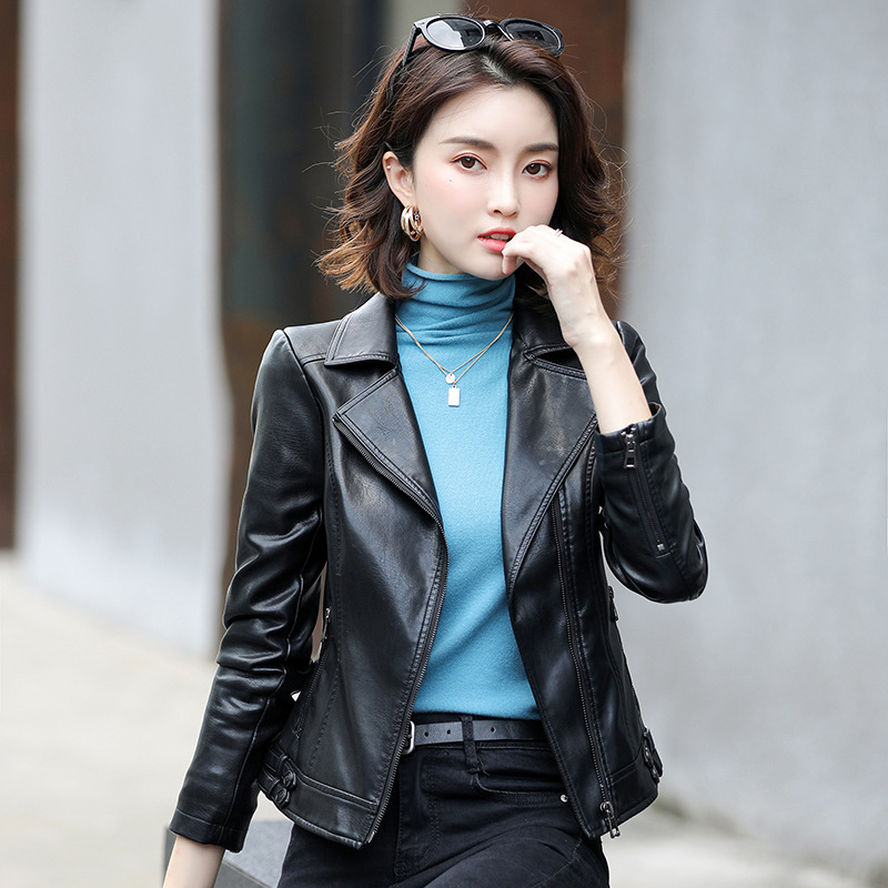 Spring and Autumn Haining Genuine Leather Jacket for Women, Plus Size Short Motorcycle Sheepskin Jacket, Slim Fit, Age-Reducing, Padded Coat Spring and Autumn Haining Genuine Leather Jacket for Women, Plus Size Short Motorcycle Sheepskin Jacket, Slim Fit, Age-Reducing, Padded Coat