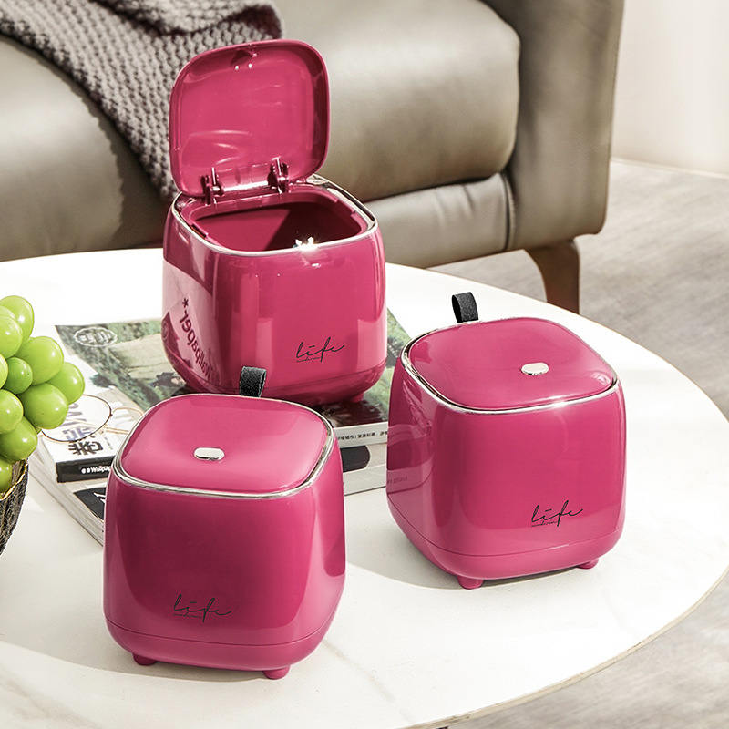 【Rose Red Family】Light Luxury Press-Type Desktop Trash Can, Trendy Double-Layer Coffee Table Pop-Up Lid Small Storage Bin