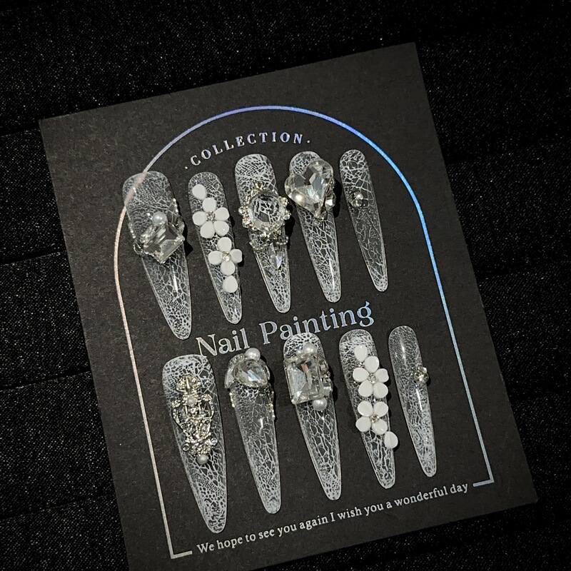 Purely Handmade, Wearable, High-End White Lace Long Nail Tips, Heavy-Duty, Dazzling, Clear, Ice-Cracked, Transparent, Luxurious