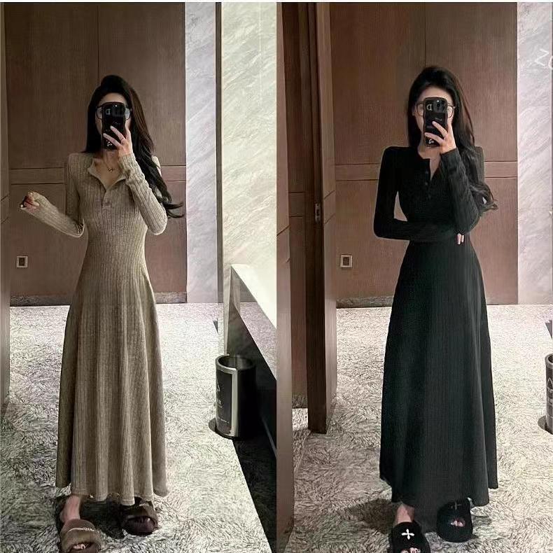 French-Style Elegant Knitted Long-Sleeved Dress for Women, Autumn and Winter New Style, Fleece-Lined, Suitable as an Inner Layer for Coats, Slim-Fit Long Dress