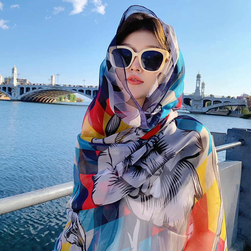 G Silk Scarf for Women, New Spring and Summer Versatile Fashion Scarf, Long Thin Shawl, Stylish Gauze Scarf, Ethnic Style, Photo Prop