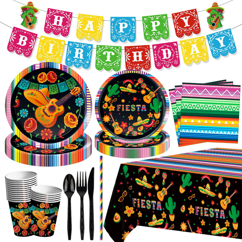 Mexican Carnival Theme Paper Cup Tablecloth Paper Plate Tissue Party Tableware Flag Set Tableware