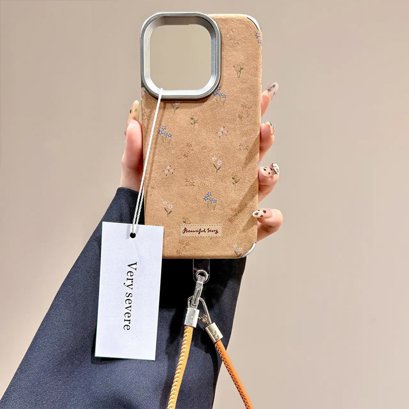 Tan|Autumn and Winter Ins Brown Leather Small Floral Pattern Suitable for Iphone17Promax Phone Case 15/14 Anti-Fall 13 Lanyard Phone Case Tan|Autumn and Winter Ins Brown Leather Small Floral Pattern Suitable for Iphone17Promax Phone Case 15/14 Anti-Fall 13 Lanyard Phone Case
